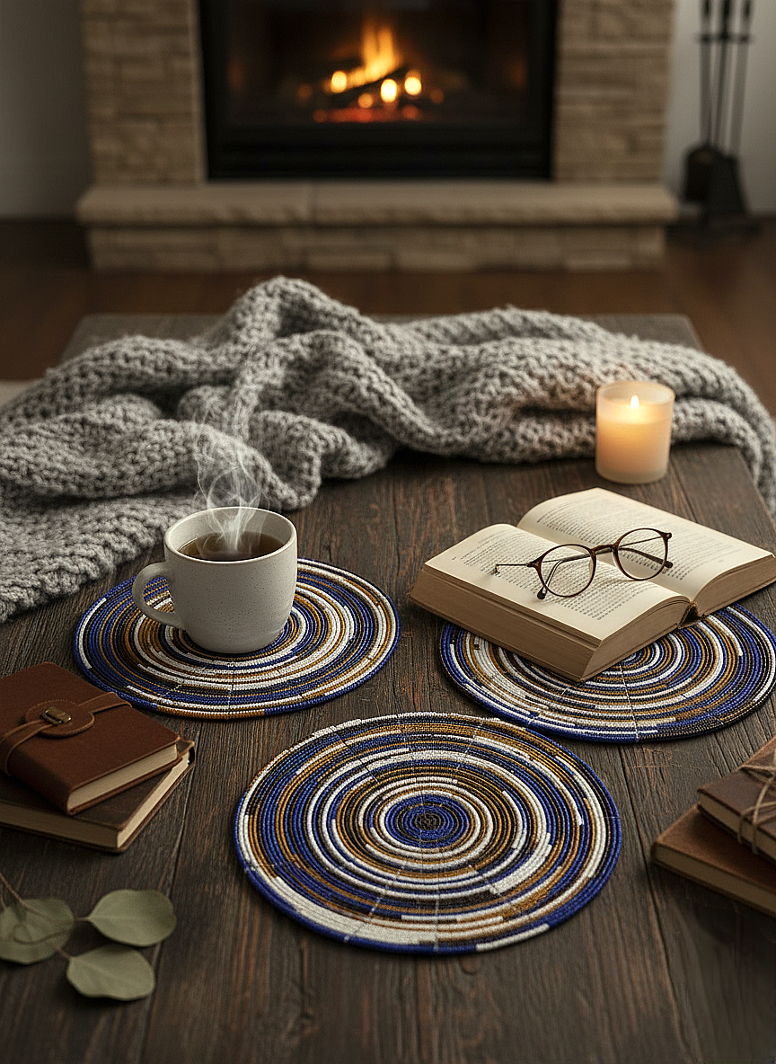 ROUND WARM COLOURED BEADED PLACEMAT (SET OF 4 AND 8)