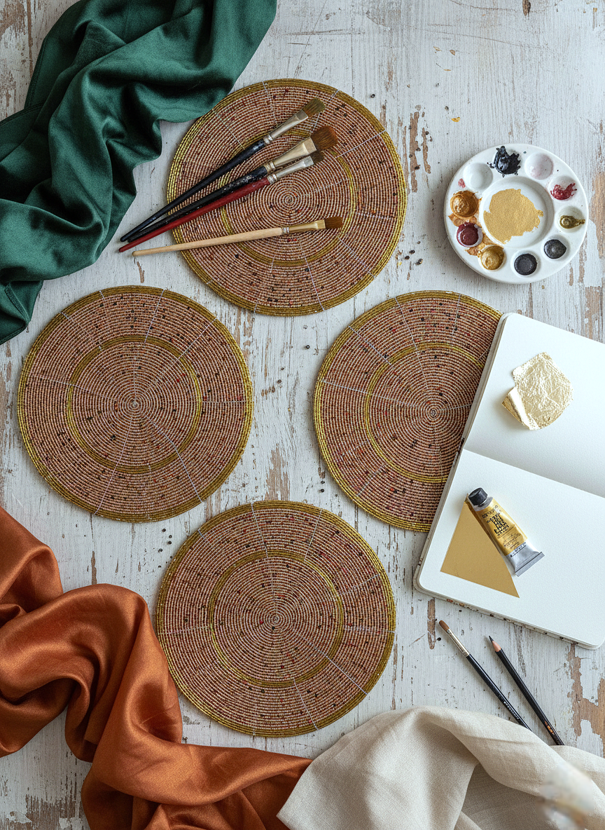 ROUND GOLDEN BEADED PLACEMAT (SET OF 4 AND 8)
