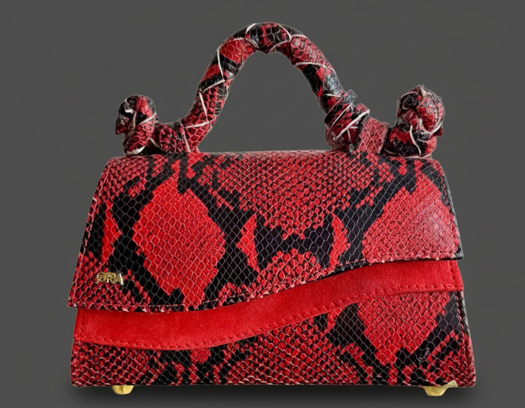 RED AND BLACK HANDMADE SNAKE SKIN BAG